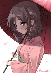 Rule 34 | 1girl, blush, brown eyes, brown hair, drill hair, ebifurya, harukaze (kancolle), highres, holding, kantai collection, long sleeves, looking at viewer, oil-paper umbrella, parted lips, side drill, simple background, solo, twin drills, twitter username, umbrella, upper body, white background
