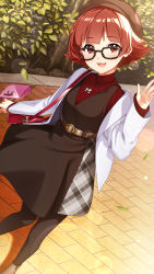 Rule 34 | 1girl, bag, belt, beret, black dress, black pantyhose, boots, brick road, commentary request, dress, dutch angle, glasses, handbag, hat, highres, idolmaster, idolmaster million live!, jacket, jewelry, looking at viewer, mikapoe, necklace, nonohara akane, pantyhose, red eyes, red hair, red sweater, short hair, sleeves past wrists, solo, sweater, turtleneck, turtleneck sweater, waving, white jacket