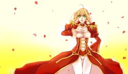 Rule 34 | 10s, 1girl, ahoge, bad id, bad pixiv id, blonde hair, breasts, cleavage, dress, epaulettes, fate/extra, fate (series), green eyes, hair ribbon, hoshiume, medium breasts, nero claudius (fate), nero claudius (fate) (all), nero claudius (fate/extra), panties, petals, ribbon, solo, underwear