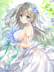 Rule 34 | 1girl, ameto yuki, armpits, bare back, bare shoulders, blonde hair, blush, bouquet, breasts, breasts out, bridal veil, bride, closed mouth, colored skin, dress, ear focus, flower, green hair, hair between eyes, hair flower, hair ornament, jewelry, lace, lace-trimmed dress, lace trim, large breasts, long hair, looking at viewer, original, pointy breasts, ribbon, sideboob, skirt, sleeveless, smile, veil, very long hair, wedding dress, white dress, white skin, white skirt