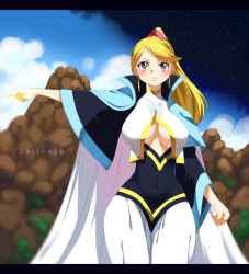 Rule 34 | 1girl, anna heartfilia, artist name, blonde hair, blush, breasts, brown eyes, cape, cleavage, clenched hand, closed mouth, colorized, covered collarbone, covered navel, curvy, dress, fairy tail, frown, gaston18, glowing, high collar, high ponytail, highres, hip focus, holding, holding key, key, large breasts, linea alba, long hair, no bra, outstretched arm, ponytail, ribbon, robe, sidelocks, sky, solo, standing, star (symbol), swept bangs, tight clothes, tight dress, watermark, wide hips, wide sleeves