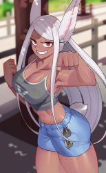 Rule 34 | 1girl, :d, absurdres, animal ears, animal print, armpit crease, arms up, aviator sunglasses, bare arms, bare shoulders, blue shorts, blurry, blurry background, boku no hero academia, bracelet, breasts, casual, cleavage, clenched hands, clothing cutout, collarbone, cowboy shot, crop top, dark-skinned female, dark skin, eyewear hang, unworn eyewear, highres, jewelry, koyap, large breasts, long eyelashes, long hair, looking at viewer, midriff, mirko, navel, open mouth, outdoors, rabbit ears, rabbit girl, rabbit print, rabbit tail, red eyes, short shorts, shorts, smile, solo, sunglasses, swept bangs, tail, tail through clothes, teeth, thighs, toned, very long hair, white hair