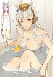 Rule 34 | !, 2girls, absurdres, animal ears, aqua bow, bathing, bathtub, bow, breasts, brown headwear, commentary request, completely nude, ear bow, feet out of frame, gold ship (umamusume), grey hair, grimace, highres, horse ears, horse girl, horse tail, jenshenya, large breasts, long hair, looking at viewer, mejiro mcqueen (umamusume), multiple girls, naked towel, nude, pillbox hat, purple bow, purple hair, red eyes, rubber duck, spoken exclamation mark, tail, towel, umamusume, v-shaped eyebrows, very long hair, water, white towel