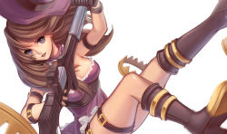 Rule 34 | 1girl, blue eyes, boots, brown hair, caitlyn (league of legends), dress, gun, hat, holding, holding weapon, kaka cheung, league of legends, long hair, purple dress, smile, solo, weapon, white background
