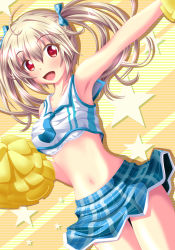 Rule 34 | 1girl, armpits, blonde hair, bra, cheerleader, hair ribbon, highres, long hair, looking at viewer, midriff, navel, neats, open mouth, original, outstretched arm, pom pom (cheerleading), red eyes, ribbon, shirt, skirt, smile, solo, star (symbol), twintails, underwear, upshirt, white bra