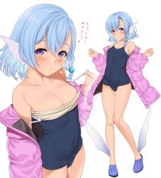 Rule 34 | 1girl, absurdres, bare shoulders, blue hair, blush, breasts, collarbone, covered navel, crocs, down jacket, elliot leucosia, enjo kouhai, fins, fish girl, full body, highres, jacket, long hair, looking at viewer, medium hair, monster girl, multiple views, navel, off shoulder, one-piece swimsuit, open clothes, open jacket, pink jacket, purple eyes, school swimsuit, shoes, simple background, small breasts, smile, strap slip, swimsuit, takunomi, tan, tanline, translation request, white background