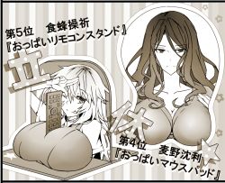 Rule 34 | 2girls, ;p, between breasts, breast mousepad, breasts, cleavage, collared shirt, japanese text, large breasts, long hair, looking at viewer, monochrome, mousepad, mousepad (medium), mugino shizuri, multiple girls, one eye closed, outline, partially translated, remote, shirt, shokuhou misaki, star (symbol), sweater vest, toaru kagaku no railgun, toaru majutsu no index, tongue, tongue out, translation request, white outline, wink