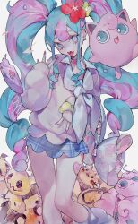 Rule 34 | 1girl, ankle socks, artist request, blue hair, blue skirt, choker, collared shirt, creatures (company), dedenne, fairy miku (project voltage), flower, game freak, gen 1 pokemon, gen 4 pokemon, gen 6 pokemon, gen 7 pokemon, hair flower, hair ornament, hatsune miku, heart, heart choker, highres, jacket, jigglypuff, long hair, looking at viewer, mimikyu, miniskirt, multicolored hair, necktie, nintendo, official alternate costume, open mouth, pink choker, pink hair, pink jacket, pink nails, plaid, plaid skirt, pokemon, pokemon (creature), project voltage, red flower, rotom, rotom phone, shirt, simple background, siuroi, skirt, socks, stuffed animal, stuffed toy, twintails, two-tone hair, very long hair, vocaloid, white background, white necktie, white shirt, white socks, yellow flower