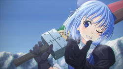 Rule 34 | 1girl, ;d, advent cirno, black gloves, blue dress, blue hair, blue sky, blush, boko (maniacpurple), cirno, dress, gloves, grin, hand gesture, holding, holding sword, holding weapon, looking at viewer, mountain, one eye closed, open mouth, outdoors, short hair, sideways glance, single glove, sky, smile, solo, sword, thumbs up, touhou, upper body, weapon