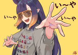 Rule 34 | 1girl, :d, absurdres, blunt bangs, commentary request, fang, grey shirt, highres, hololive, hololive english, long hair, long sleeves, looking at viewer, mole, mole under eye, ninomae ina&#039;nis, open mouth, pointy ears, purple eyes, purple hair, radical highway, shirt, signature, simple background, smile, solo, sunglasses, upper body, virtual youtuber, yellow background