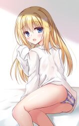 Rule 34 | 1girl, ass, blonde hair, blue eyes, blush, chitose sana, commentary, eyelashes, eyes visible through hair, feet out of frame, hair between eyes, hair down, highres, igarashi kenji, knees together feet apart, long hair, looking at viewer, looking back, on bed, open mouth, panties, shiny skin, shirt, sidelocks, simple background, sitting, sleeves past fingers, sleeves past wrists, solo, straight hair, striped clothes, striped panties, tenshinranman, thighs, underwear, wedgie, white background, white shirt, yokozuwari