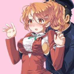 Rule 34 | 1boy, 1girl, admiral (kancolle), aquila (kancolle), blush, breasts, dd (ijigendd), groping, hand under clothes, highres, kantai collection, large breasts, open mouth, orange eyes, orange hair, surprised