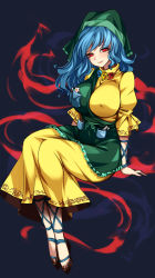Rule 34 | 1girl, apron, black footwear, blue background, blue hair, breast pocket, breasts, closed mouth, covered erect nipples, flying, full body, green apron, green headwear, green scarf, green skirt, haniyasushin keiki, head scarf, highres, jewelry, large breasts, long hair, looking at viewer, magatama, magatama necklace, necklace, pocket, puffy sleeves, raptor7, red eyes, scarf, see-through, shirt, short sleeves, sitting, skirt, smile, solo, touhou, yellow shirt, yellow skirt