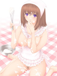 Rule 34 | 1girl, apron, bad id, bad pixiv id, bandana, barefoot, between breasts, blush, bowl, breasts, brown hair, censored, cooking, cream, female pubic hair, licking finger, highres, large breasts, licking, messy, naked apron, no bra, no panties, original, pubic hair, purple eyes, pussy, rezel craft, sexually suggestive, short hair, sitting, solo