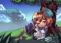 Rule 34 | 1girl, alternate costume, alternate hairstyle, black footwear, blue sky, blush, book, braid, brown hair, chibi, commentary, dress, english commentary, flower, genshin impact, grass, green dress, green eyes, hair between eyes, highres, holding, holding book, lisa (a sobriquet under shade) (genshin impact), lisa (genshin impact), long sleeves, nefery san, official alternate costume, official alternate hairstyle, one eye closed, pink flower, puffy long sleeves, puffy sleeves, purple flower, saliva, second-party source, sitting, sky, solo, tree, twitter username