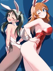 Rule 34 | 2girls, absurdres, animal ears, back-to-back, black hair, blue eyes, breasts, charlotte e. yeager, detached collar, dog tail, francesca lucchini, from behind, green eyes, hand on own hip, highres, hiroshi (hunter-of-kct), large breasts, leotard, light brown hair, long hair, multiple girls, one eye closed, pantyhose, playboy bunny, rabbit ears, rabbit tail, red leotard, smile, strike witches, tail, twintails, white leotard, world witches series, wrist cuffs