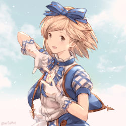 Rule 34 | 10s, 1girl, bad id, bad pixiv id, blonde hair, blue bow, blush, bow, brown eyes, djeeta (granblue fantasy), gloves, granblue fantasy, hair bow, highres, looking at viewer, milli0401, parted lips, puffy short sleeves, puffy sleeves, short hair, short sleeves, smile, solo, twitter username, upper body, white gloves