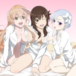 Rule 34 | 10s, 3girls, bed, blue hair, breasts, brown eyes, brown hair, fin e ld si laffinty, flower, hair flower, hair ornament, kyouno madoka, large breasts, long hair, medium breasts, muginami, multiple girls, naked shirt, nude, one eye closed, open clothes, open mouth, open shirt, paw pose, pointing, purple eyes, rinne no lagrange, shirt, short hair, small breasts, take your pick, touryou, wink, yellow eyes