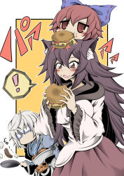 Rule 34 | !, 1boy, 2girls, ahoge, animal ears, bow, breasts, brown eyes, brown hair, burger, cheese, chibi, commentary request, food, food on face, frying pan, glasses, grey hair, hair bow, hidefu kitayan, highres, holding, holding food, holding frying pan, imaizumi kagerou, large breasts, long hair, long sleeves, morichika rinnosuke, multiple girls, red eyes, red hair, sekibanki, short hair, spoken exclamation mark, tomato, tomato slice, touhou, translation request, wolf ears