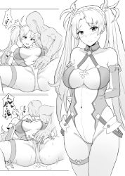 Rule 34 | 1boy, 1girl, arm support, arms behind back, bare shoulders, blush, bradamante (fate), bradamante (first ascension) (fate), braid, breasts, cleavage, closed mouth, clothed female nude male, commentary request, covered navel, elbow gloves, embarrassed, fate/grand order, fate (series), fingering, fingering through clothes, french braid, gloves, greyscale, head back, hetero, highres, kiss, large breasts, leotard, long hair, looking at viewer, lying, monochrome, multiple views, nose blush, nude, on back, open mouth, oumi (rsag), pussy juice, saliva, saliva trail, solo focus, spread legs, standing, sweat, thigh strap, through clothes, trembling, twintails, very long hair, wet leotard