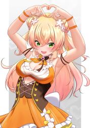 absurdres armpits arms_up bare_shoulders blonde_hair breasts cleavage double_bun dress green_eyes hair_bun heart heart_hands highres hololive large_breasts long_hair marishia_holo momosuzu_nene momosuzu_nene_(1st_costume) orange_dress virtual_youtuber