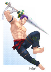 Rule 34 | 1boy, 2015, abs, artist name, bandages, barefoot, caladbolg (fate), closed eyes, dated, fate/grand order, fate (series), fergus mac roich (fate), lance, male focus, navel, nhawnuad, polearm, purple hair, scar, teeth, thighs, topless male, weapon, white background