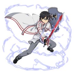 Rule 34 | 1boy, black eyes, black gloves, black hair, cape, clenched teeth, fingerless gloves, gloves, grey pants, hair between eyes, highres, holding, holding shield, holding sword, holding weapon, kirito, long sleeves, male focus, official art, pants, shield, shirt, solo, sword, sword art online, teeth, transparent background, weapon, white cape, white shirt