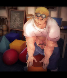 Rule 34 | 1boy, bara, blonde hair, cid highwind, erection, final fantasy, final fantasy vii, goggles, highres, hukutuu, looking at viewer, male focus, muscular, penis, solo, undressing