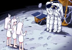 Rule 34 | 2others, 3girls, animal ears, arm up, astronaut, bandaid, barefoot, blush, broken glass, chibikki, commentary, crack, cracked glass, crossed bandaids, dress, english commentary, footprints, full body, glass, helmet, highres, long hair, long sleeves, moon, moon rabbit, multiple girls, multiple others, on moon, original, pixel art, rabbit ears, rabbit girl, red eyes, solar panel, space, space helmet, spacecraft, spacesuit, standing, waving, white dress, white hair, wide sleeves