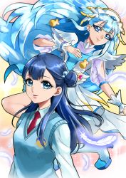 Rule 34 | 10s, 2girls, blue eyes, blue hair, blue sweater, boots, cure ange, dress, earrings, feathers, floating hair, hair ornament, high heel boots, high heels, hugtto! precure, jewelry, long hair, looking at viewer, multiple girls, precure, red neckwear, school uniform, see-through, shirt, smile, sweater, sweater vest, tsukikage oyama, uniform, very long hair, white feathers, white shirt, wrist cuffs, yakushiji saaya