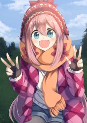 Rule 34 | 1girl, :d, beanie, black gloves, blue eyes, blue shorts, blue sky, blush, cloud, commentary request, day, double v, fingerless gloves, gloves, grey pantyhose, hair between eyes, hat, highres, jacket, kagamihara nadeshiko, konkito, long hair, long sleeves, open clothes, open jacket, open mouth, orange scarf, outdoors, pantyhose, pink hair, pink jacket, red hat, scarf, short shorts, shorts, sidelocks, sky, smile, solo, sweater, tree, v, very long hair, white sweater, yurucamp