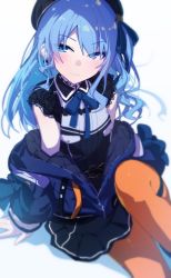 Rule 34 | 1girl, absurdres, arm support, belt, beret, black hat, blue eyes, blue hair, blue ribbon, blush, closed mouth, coat, commentary request, hat, highres, hololive, hoshimachi suisei, hoshimachi suisei (streetwear), knee up, lace-trimmed sleeves, lace trim, long hair, looking to the side, off-shoulder coat, off shoulder, orange pantyhose, pantyhose, ribbon, short sleeves, side ponytail, simple background, smile, solo, thighs, tsurime, virtual youtuber, wavy hair, white background, winter clothes, winter coat, xiaowei (xxx29042536)
