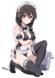Rule 34 | 1girl, :t, absurdres, apron, arms under breasts, bikini, black bikini, black bow, black footwear, black hair, black sleeves, black thighhighs, blush, bow, breasts, brown eyes, bucket, cleavage, closed mouth, commentary request, crossed arms, detached sleeves, fujiwara hajime, full body, hair between eyes, hair bow, highres, holding, idolmaster, idolmaster cinderella girls, long hair, looking at viewer, maid, maid bikini, maid headdress, medium breasts, navel, on one knee, pizzasi, pout, puffy short sleeves, puffy sleeves, ribbon-trimmed legwear, ribbon trim, shoes, short sleeves, side-tie bikini bottom, solo, sweat, swimsuit, thighhighs, unconventional maid, v-shaped eyebrows, waist apron, water, white apron, white background