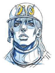 Rule 34 | 1boy, blue theme, character name, diego brando, grandguerrilla, hat, jojo no kimyou na bouken, looking at viewer, male focus, parted lips, portrait, simple background, solo, steel ball run, white background
