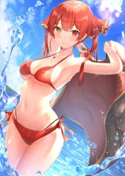 Rule 34 | 1girl, absurdres, bikini, blue sky, blush, breasts, closed mouth, cloud, commentary request, day, hair ribbon, halterneck, heterochromia, highres, hololive, houshou marine, huge filesize, long hair, looking at viewer, medium breasts, navel, ocean, red bikini, red eyes, red ribbon, ribbon, shiina aoi, side-tie bikini bottom, sky, smile, solo, sun, swimsuit, twintails, virtual youtuber, water, yellow eyes