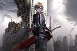 Rule 34 | 1boy, artist name, black jacket, black pants, blue eyes, brown eyes, brown hair, building, closed mouth, cloud, commentary, cowboy shot, crossover, danganronpa: trigger happy havoc, danganronpa (series), fingerless gloves, gloves, god eater, green eyes, hair between eyes, highres, holding, holding weapon, jacket, long sleeves, looking at viewer, male focus, naegi makoto, open clothes, open jacket, outdoors, pants, recyclingtrees, ruins, shirt, short hair, sky, solo, sword, weapon, white shirt
