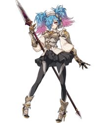 Rule 34 | 1girl, armor, blue hair, boots, bow, fire emblem, fire emblem fates, fire emblem heroes, full body, hair over one eye, high heels, highres, leggings, multicolored hair, nintendo, official art, pantyhose, peri (fire emblem), pink hair, polearm, red eyes, solo, spear, takagi masafumi, transparent background, twintails, two-tone hair, weapon