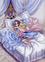 Rule 34 | 2girls, :d, absurdres, banpresto, barefoot, bed, bed sheet, blonde hair, bloomers, blue eyes, blush, canopy bed, feet, highres, kouno sachiko, latune subbota, lingerie, lying, multiple girls, nightgown, official art, on back, on stomach, open mouth, purple hair, see-through, shine hausen, short hair, smile, super robot wars, super robot wars original generation, toes, underwear