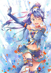 Rule 34 | 10s, ;d, aikatsu!, aikatsu! (series), aikatsu stars!, blue gloves, boots, chain, collar, earrings, elbow gloves, faux traditional media, gloves, highres, idol, jewelry, katou akatsuki, kisaragi tsubasa, long hair, midriff, multicolored hair, navel, one eye closed, open mouth, outstretched arms, pink hair, ponytail, purple hair, skirt, smile, solo, star (symbol), strapless, streaked hair, thigh boots, thighhighs, tube top, two-tone hair, yellow eyes