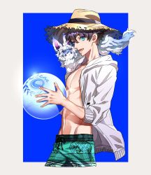 Rule 34 | 1boy, ball, beachball, blue background, blue eyes, brilliant summer, commentary request, cowboy shot, cropped legs, eyewear on head, fate/grand order, fate (series), fingernails, fou (fate), fujimaru ritsuka (male), fujimaru ritsuka (male) (brilliant summer), glasses, green male swimwear, green swim trunks, hat, highres, holding, hood, hood down, hooded jacket, jacket, long sleeves, looking at viewer, male focus, male swimwear, official alternate costume, open clothes, open jacket, pince-nez, print male swimwear, print swim trunks, print swimsuit, purple hair, simple background, smile, solo, standing, straw hat, sunglasses, swim briefs, swimsuit, tenobe, topless male