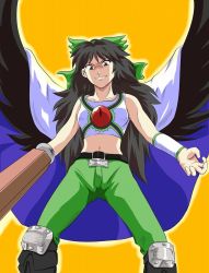 Rule 34 | 1girl, arm cannon, asuwado, belt, black hair, bow, cape, cosplay, evil grin, evil smile, female focus, grin, hokuto no ken, knee pads, kurogou, long hair, pants, reiuji utsuho, smile, solo, souther, souther (cosplay), touhou, weapon, wings