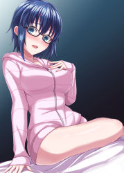 Rule 34 | 1girl, bare legs, black-framed eyewear, blue eyes, blue hair, blush, breasts, ciel (tsukihime), commentary request, covered erect nipples, dan (orange train), fingernails, full-length zipper, glasses, hair between eyes, hand on own chest, highres, hood, hood down, hooded sweater, indoors, large breasts, lips, long sleeves, looking at viewer, on bed, open mouth, pink lips, pink sweater, short hair, sidelocks, sitting, sleeves past wrists, solo, sweater, thighs, tsukihime, tsukihime (remake), zipper