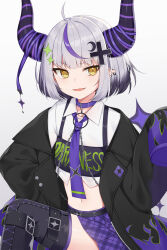 Rule 34 | ahoge, demon horns, grey hair, highres, hololive, horns, la+ darknesss, la+ darknesss (casual), long sleeves, looking at viewer, multicolored hair, open mouth, sleeves past wrists, smile, solo, streaked hair, striped horns, swon (joy200892), virtual youtuber