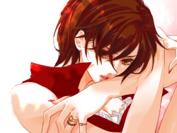 Rule 34 | 1girl, brown eyes, brown hair, caracoro, jewelry, lips, meiko (vocaloid), nail polish, red nails, red theme, ring, solo, vocaloid