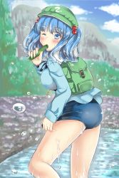 Rule 34 | 1girl, ass, backpack, bag, blue eyes, blue hair, blue shirt, blue sky, blurry, blush, breasts, cloud, commentary request, cucumber, day, depth of field, eating, flat cap, forest, green hat, hair bobbles, hair ornament, hat, highres, kawashiro nitori, kazari s, key, large breasts, long sleeves, looking at viewer, looking back, mountain, nature, no pants, one eye closed, outdoors, pond, school swimsuit, shirt, short hair, sky, solo, swimsuit, thighs, touhou, twintails, two side up, water drop, wet, wet hair