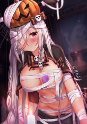 Rule 34 | 1girl, absurdres, alternate costume, bandages, blurry, blurry background, blush, braid, breasts, candle, candy, cloak, clothes pull, depth of field, food, g36c (burning-eyed g36c) (girls&#039; frontline), g36c (girls&#039; frontline), girls&#039; frontline, gmkj, groin, hair over one eye, halloween, halloween costume, highres, indoors, jack-o&#039;-lantern, large breasts, lollipop, long hair, looking at viewer, night, official alternate costume, red eyes, side braid, sidelocks, signature, silver hair, skirt, skirt pull, very long hair