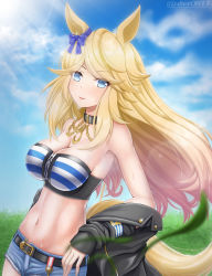 Rule 34 | 1girl, animal ears, armpits, bandeau, bare shoulders, belt, black belt, black collar, black jacket, blonde hair, blue eyes, blue sky, blurry, blurry foreground, blush, bow, breasts, chain, cleavage, cloud, collar, collarbone, commentary request, cowboy shot, cutoffs, day, denim, denim shorts, ear bow, ear ornament, floating hair, gold chain, gold city (umamusume), grass, groin, highres, horse ears, horse girl, horse tail, jacket, kouko (alter0811), large breasts, lens flare, long hair, looking at viewer, midriff, navel, off shoulder, open clothes, open jacket, parted bangs, parted lips, partial commentary, short shorts, shorts, sidelocks, sky, smile, solo, standing, strapless, striped bandeau, sweat, swept bangs, tail, tube top, twitter username, umamusume