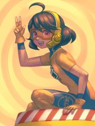 Rule 34 | 1girl, ahoge, arms (game), bellhenge, bodysuit, brown hair, domino mask, goggles, looking at viewer, mask, mecha, mechanica (arms), open mouth, purple eyes, robot, short hair, smile, solo, v