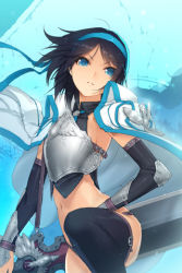Rule 34 | 1girl, armor, black hair, black thighhighs, blue eyes, breastplate, character request, elbow gloves, gloves, hairband, lowres, midriff, military, military uniform, navel, short hair, solo, sword, sword girls, thighhighs, uniform, weapon
