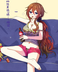 Rule 34 | 1girl, barefoot, blue eyes, blush, bottle, bra, breasts, brown hair, chinese text, cleavage, couch, cross, cross necklace, eating, feet, female focus, food, food on face, french fries, jewelry, large breasts, legs, crossed legs, long hair, midriff, midriff peek, mouth hold, navel, necklace, off shoulder, open fly, original, panties, ponytail, scrunchie, short shorts, shorts, sitting, soda bottle, solo, strap slip, suikakitsu shiro, tank top, thighs, underwear, unzipped, xia you qing